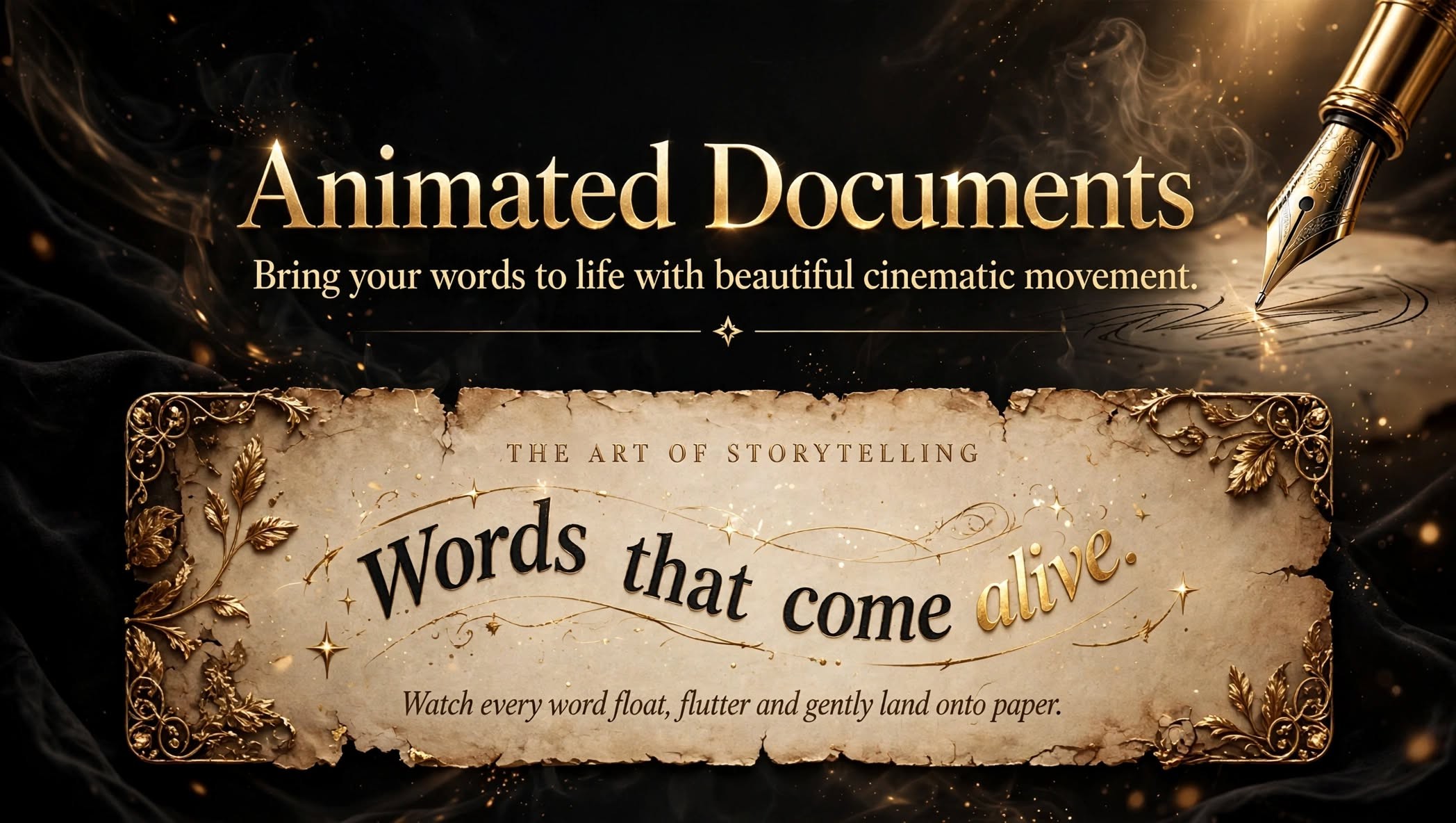 Word Flow: Animated Documents parchment artwork with pen and gold lettering